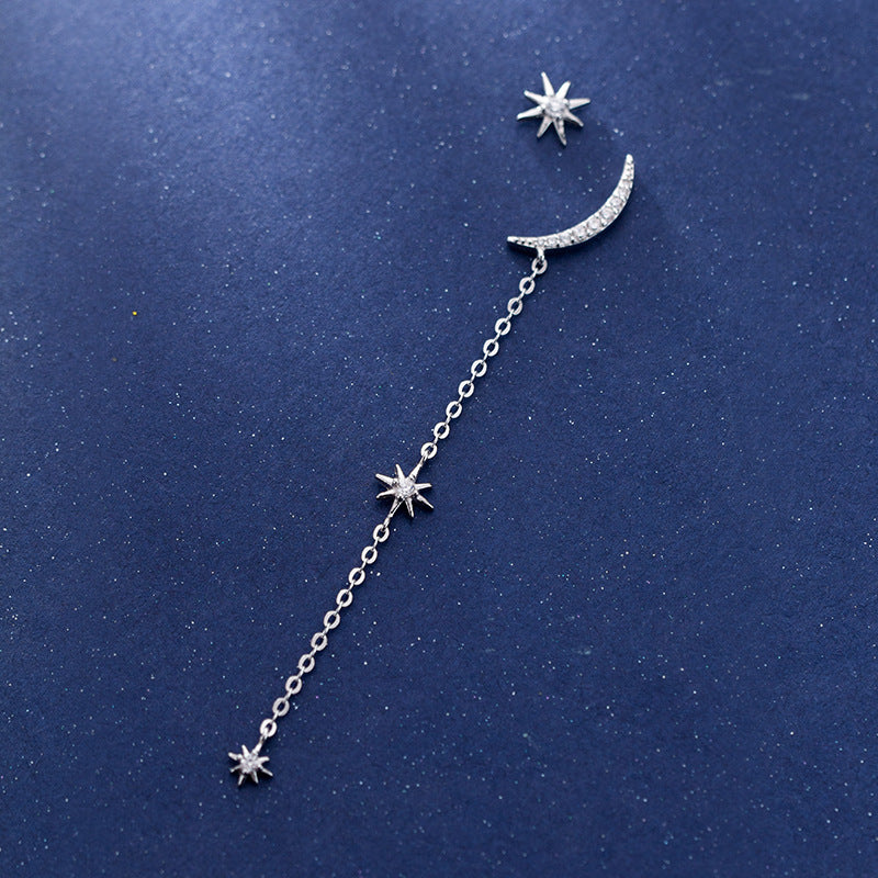 Star and Moon Asymmetric S925 Silver Earrings