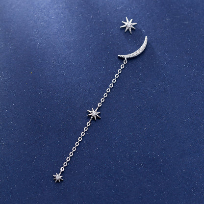 Star and Moon Asymmetric S925 Silver Earrings