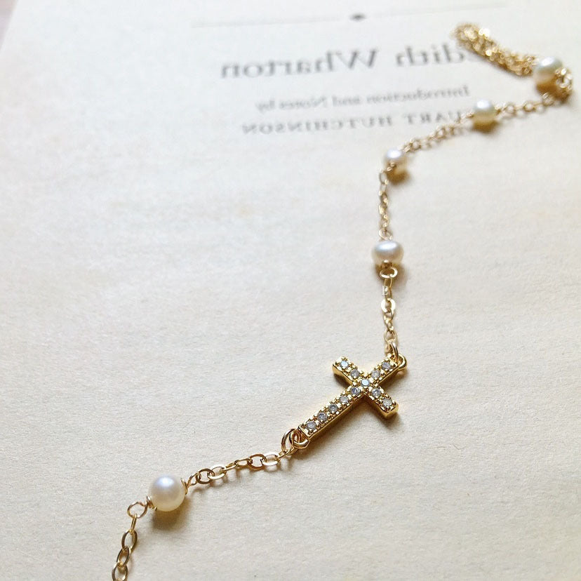 S925 Silver Plated Cross Pearl Bracelet for Women
