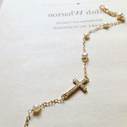 S925 Silver Plated Cross Pearl Bracelet for Women