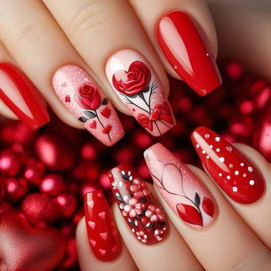 Valentines MIXFOSAHN Press on Nails Medium Coffin Fake Nails Red Pink False Nails with Rose Designs Stick on Nails Love Glue on Nails Glossy Valentines Nails Acrylic Nails for Women Girls 24 Pcs