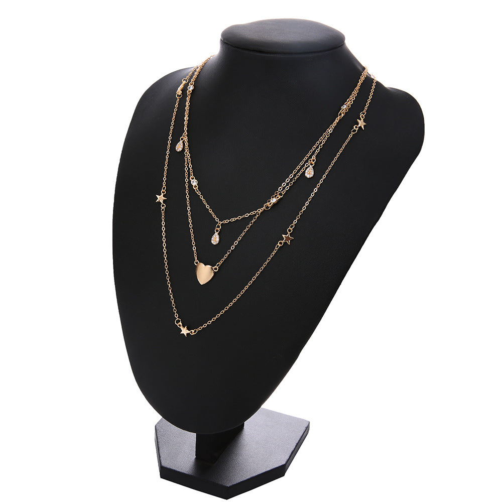 Layered Heart and Star Pendant Necklace with Rhinestones