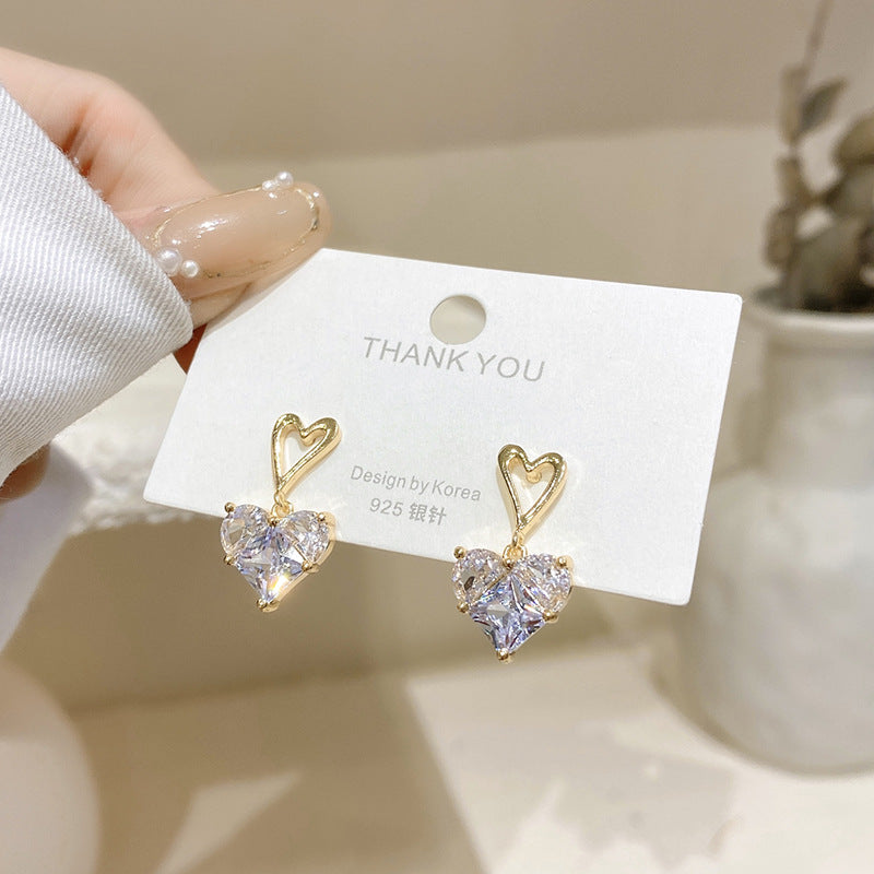 Korean Heart Zircon Stud Earrings in S925 Silver