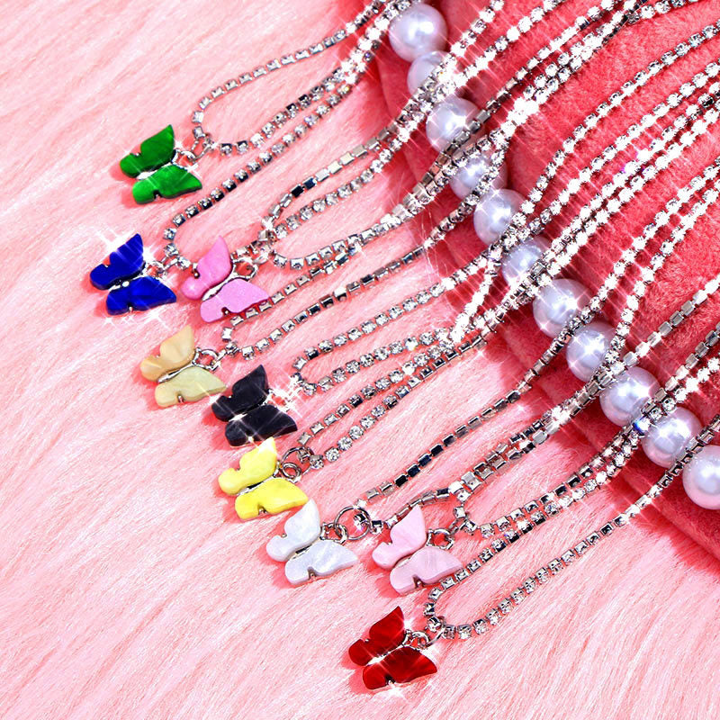 Colorful Acrylic Butterfly Necklace with Rhinestones