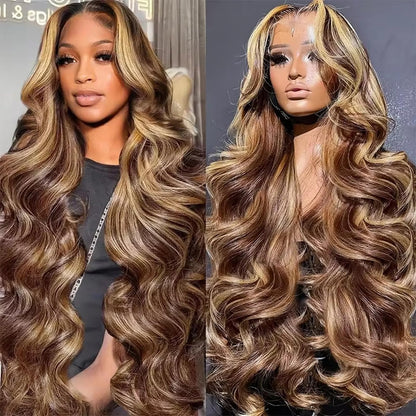 34 Inch Ombre Lace Front Wig Human Hair 13x6 Highlight Body Wave Wigs Human Hair Pre Plucked 180 Density #4/27 Colored Glueless Wigs Honey Blonde Brazilian Lace Frontal Wigs Human Hair for Women