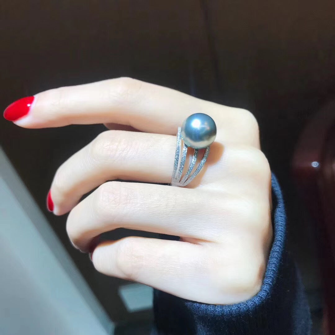 925 Silver Akoya Gray Pearl Adjustable Ring for Women