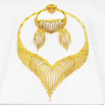 24K Gold Alloy Jewelry Set: Necklace, Bracelet, Ring, Earrings