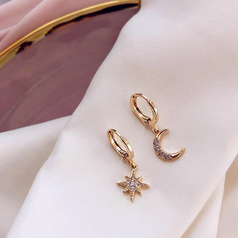 S925 Silver Asymmetrical Star Moon Earrings with Diamonds